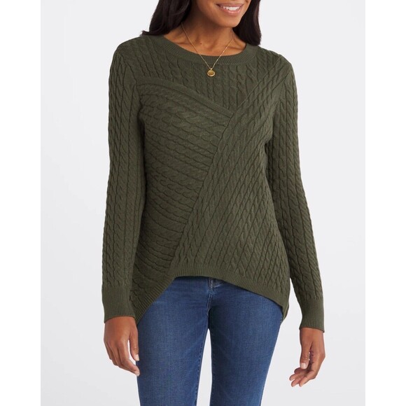Evolution‎ Cable Knit Sweater Size Large Asymmetrical Hem Green Cozy Cyrus - Picture 1 of 15